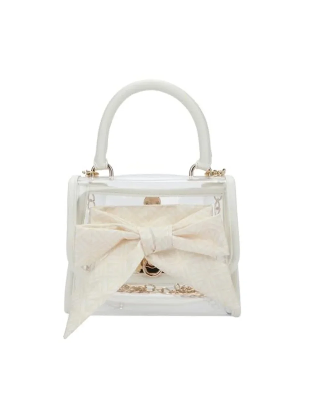 Clear Mini Crossbody Bag with Gold Chain Strap, Removable Satin Bow Scarf